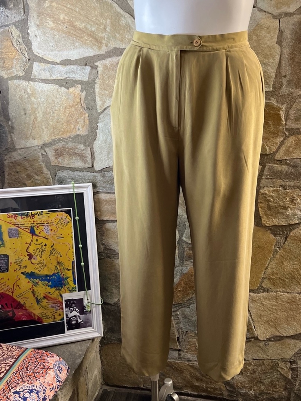 100% Silk Khaki Green High Waist Trousers Size 16